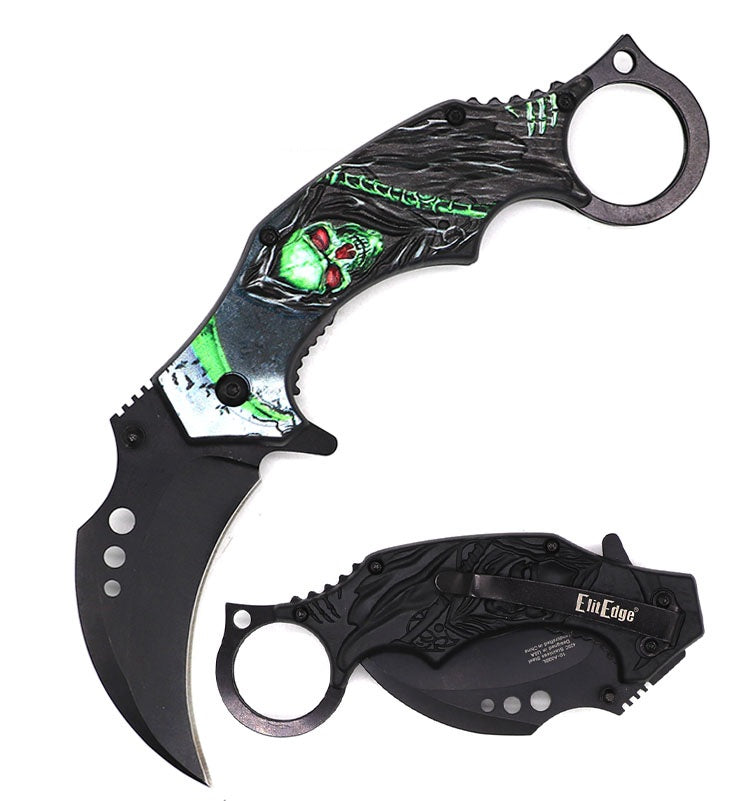 7.25 Inch Demon Of Death Grim Reaper Green Karambit Spring Assist Pocket Knife