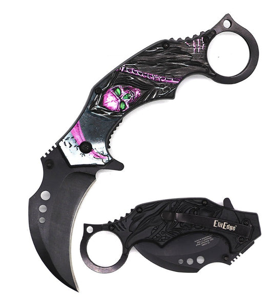 7.25 Inch Demon Of Death Grim Reaper Purple Karambit Spring Assist Pocket Knife