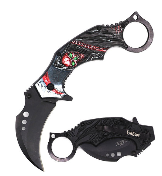7.25 Inch Demon Of Death Grim Reaper Red Karambit Spring Assist Pocket Knife
