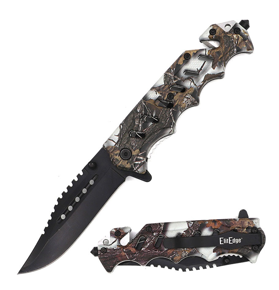 Tactical Pocket Knife Saw Back Blade Assist Folder Forest Camo