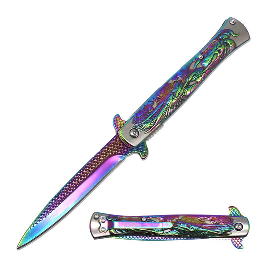 9” Rainbow Titanium Dragon Engraved Stiletto Style Spring Assist Pocket Knife