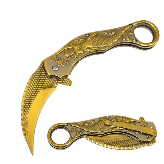 Golden Mermaid Sculpture 9" Karambit Spring Assisted Open Blade Folding Pocket Knife