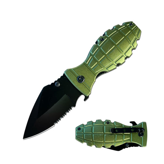 Military Green Grenade Aluminum Handle Tactical Spring Assist Open Pocket Knife