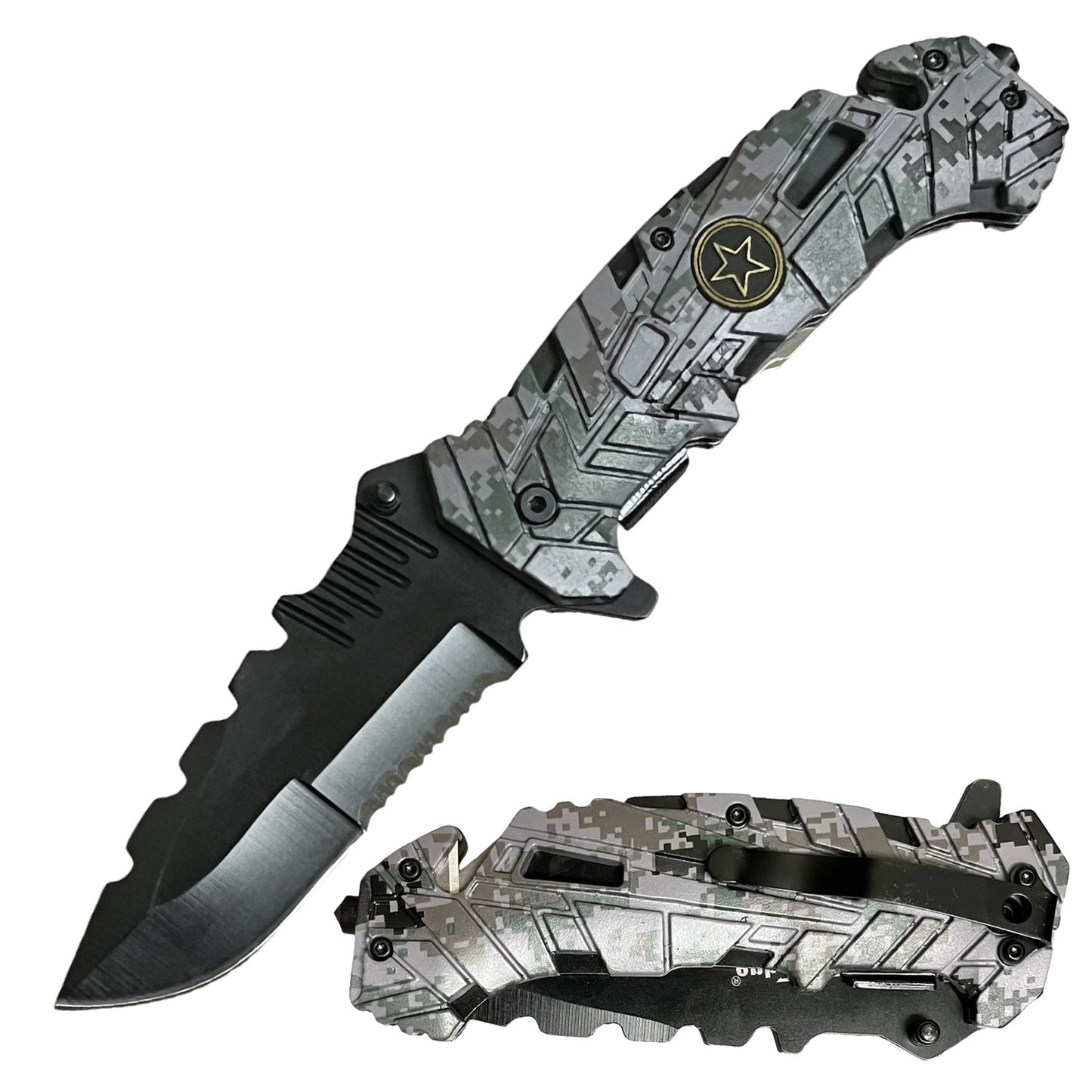 Military Camo Spring Assisted Open Tactical Rescue Folding Pocket Knife