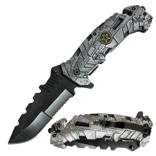 Military Camo Spring Assisted Open Tactical Rescue Folding Pocket Knife