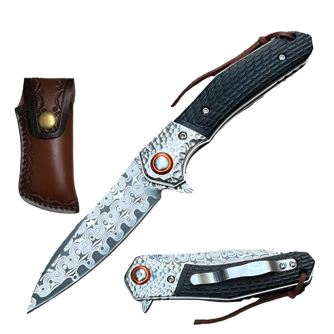 Ball Bearing Damascus Blade Pocket Knife with Black Wood Handle