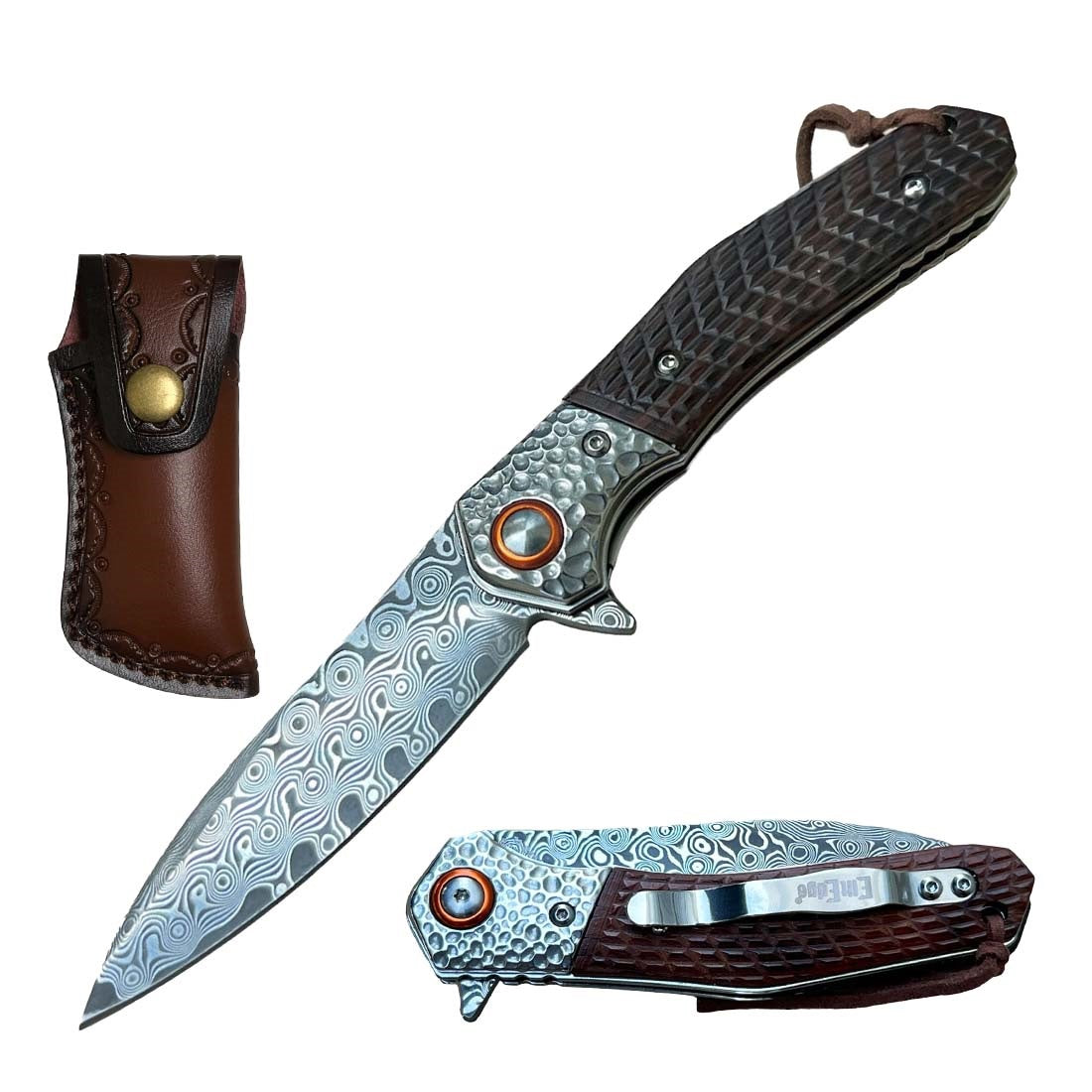 Ball Bearing Damascus Blade Pocket Knife with Brown Wood Handle