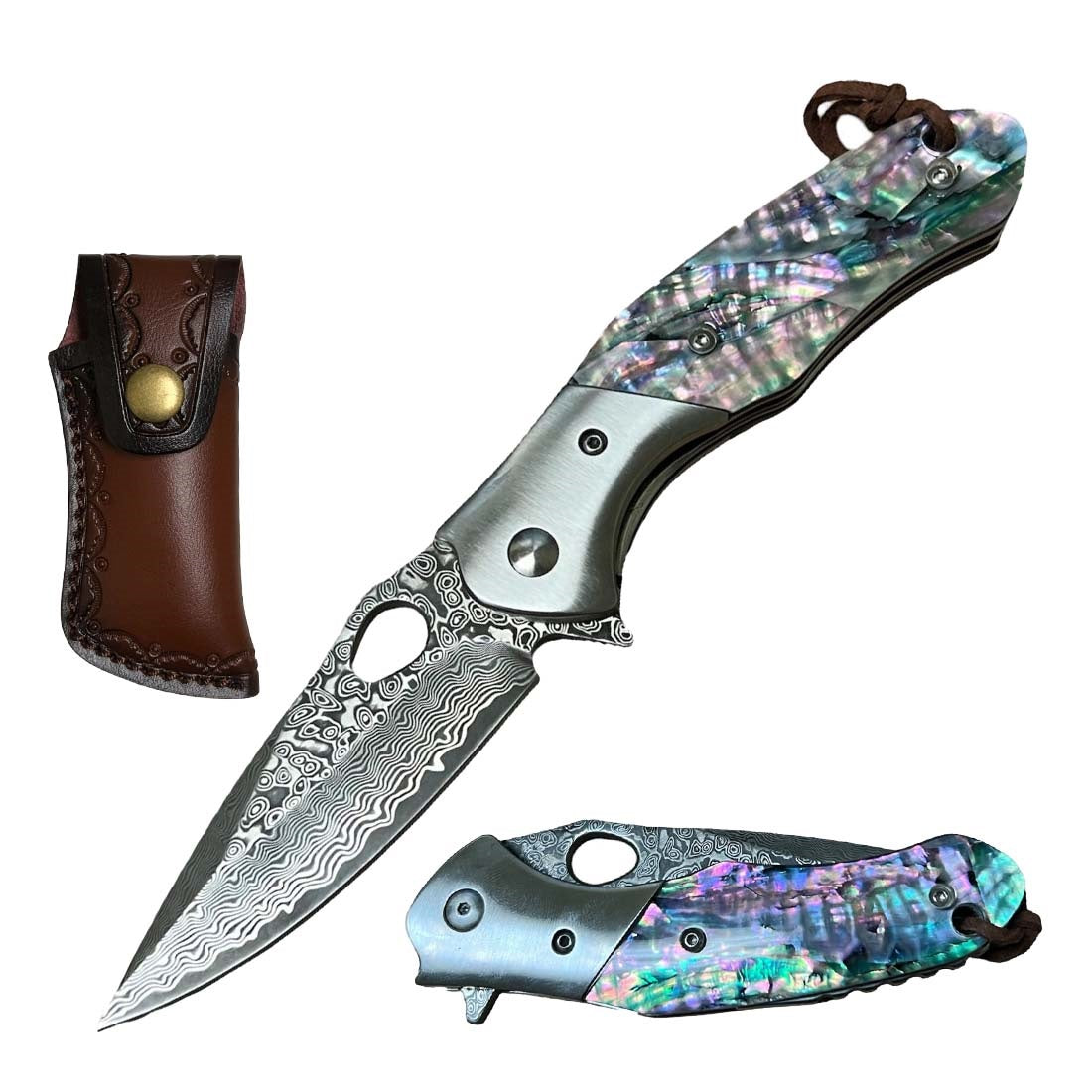 Ball Bearing Damascus Blade Pocket Knife Abalone Handle