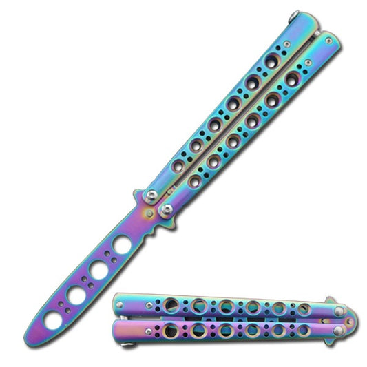 Rainbow Ti-Coated Skeleton Stainless Steel Butterfly Trainer Knife