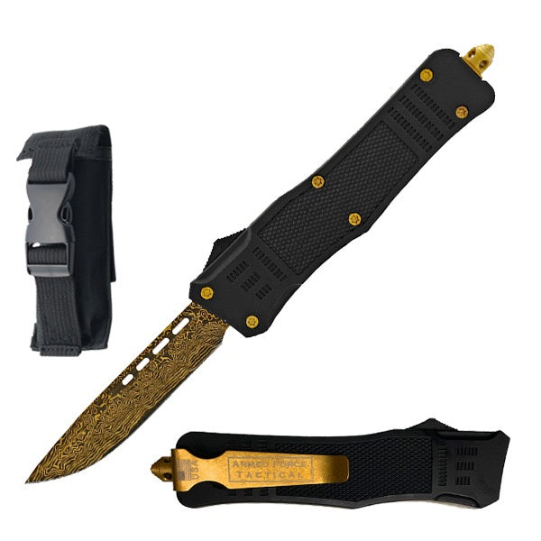 9" Etched Damascus Pattern Golden Blade Automatic OTF Knife