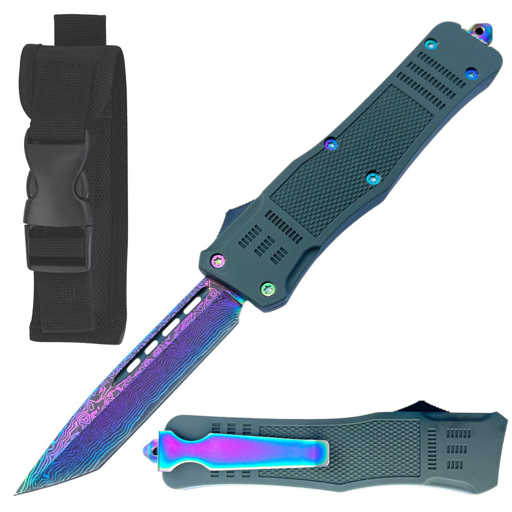 9" Etched Damascus Pattern Rainbow Tanto Blade Automatic OTF Knife