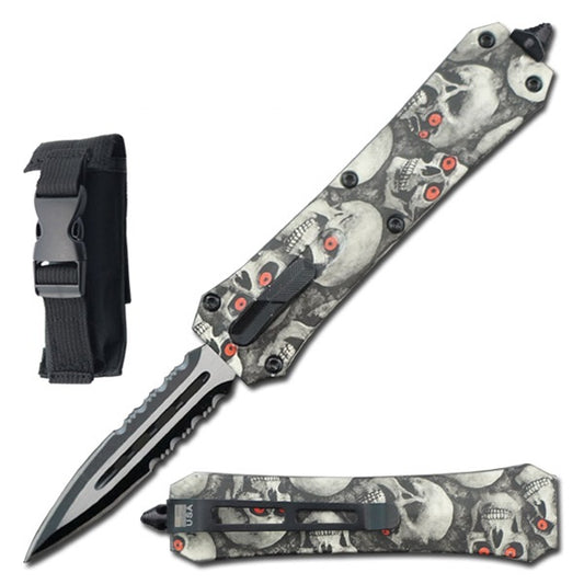 7" Dual Action Dagger Blade Reaper OTF Automatic Knife Grey Skulls