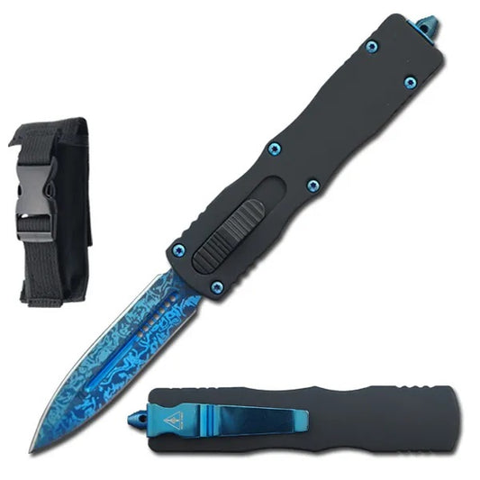 7.5" Blue Damascus Etched Death Stalker OTF Knife