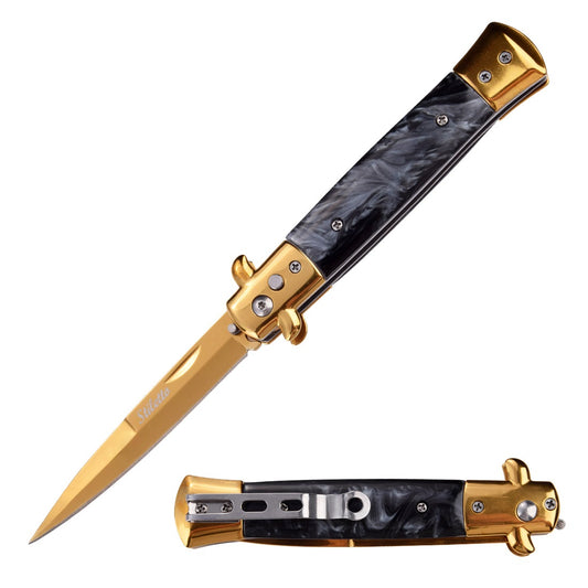 5" Closed Classic Stiletto Automatic Switch Blade Knife - Gold