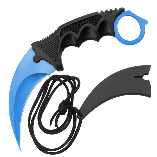 Blue Tactical Combat Karambit Neck Knife Survival Hunting Fixed Blade