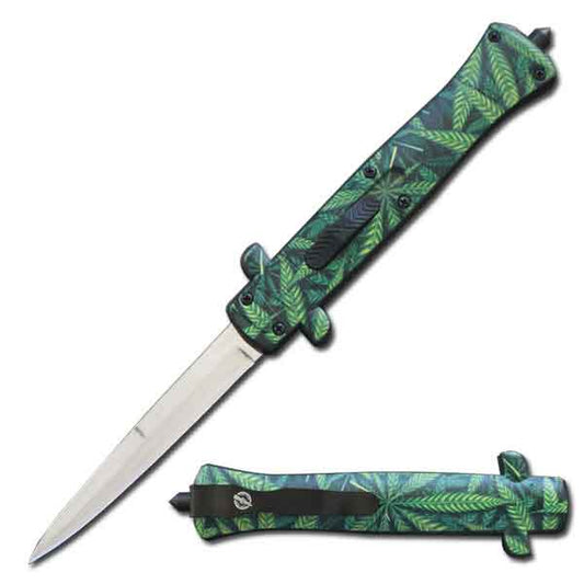 9" Cannabis Marijuana Leaf Handle Stiletto OTF Knife