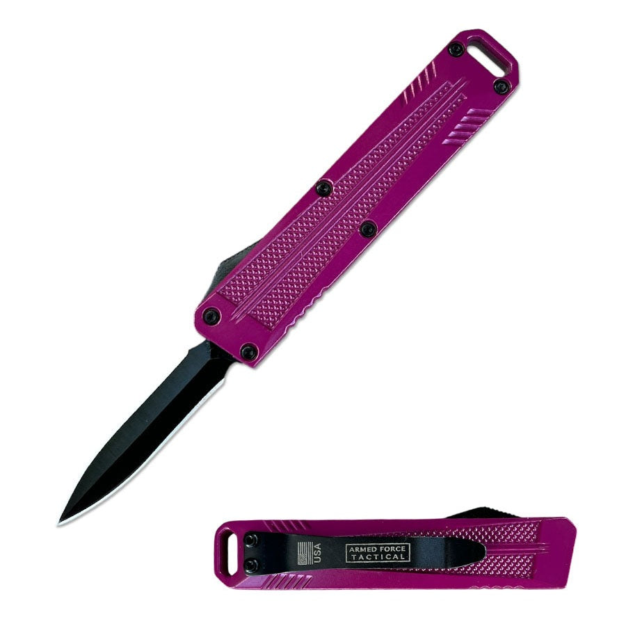 5" Purple California Legal Automatic OTF Knife with Belt Clip & Lanyard Hole