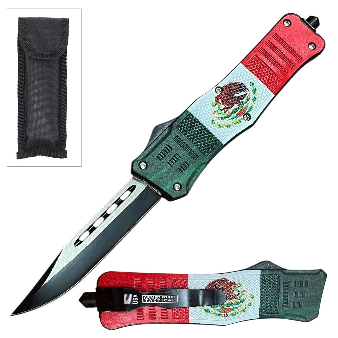 9" Mexico Flag Ghost Tactical OTF Pocket Knife Drop Point Blade