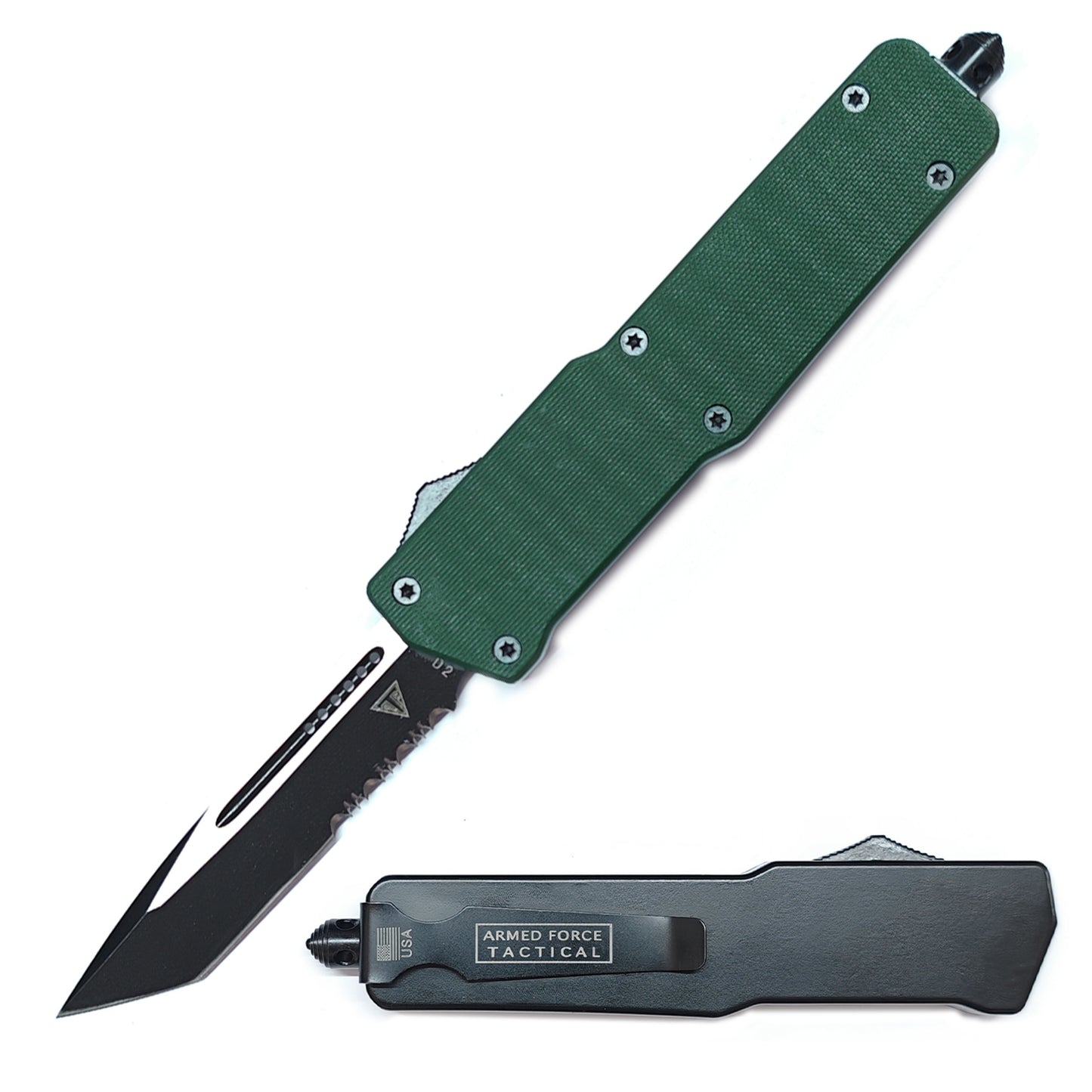 9.75" D2 Steel Tanto Serrated Blade Automatic OTF Knife Green G10 Handle