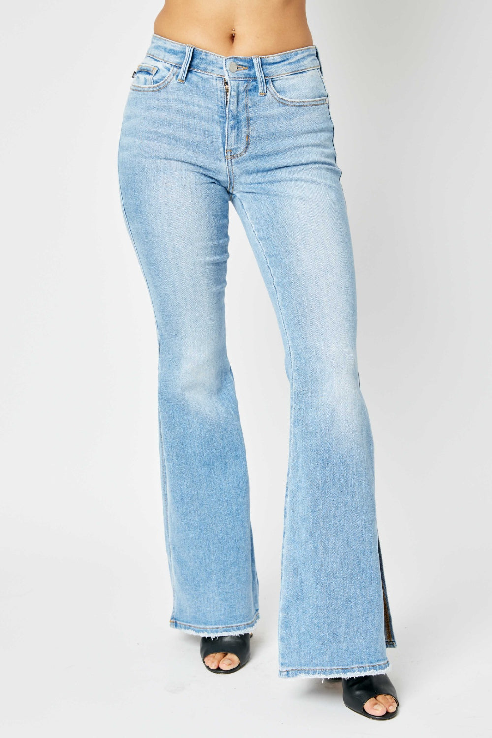 Judy Blue  Wholesale Full Size Mid Rise Raw Hem Slit Flare Jeans