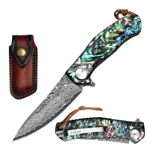 Ball Bearing Drop Point Damascus Blade Pocket Knife Abalone Handle