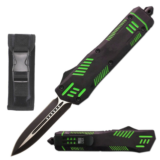 9" Automatic Dual Action Green Pitbull OTF Dagger Blade Knife