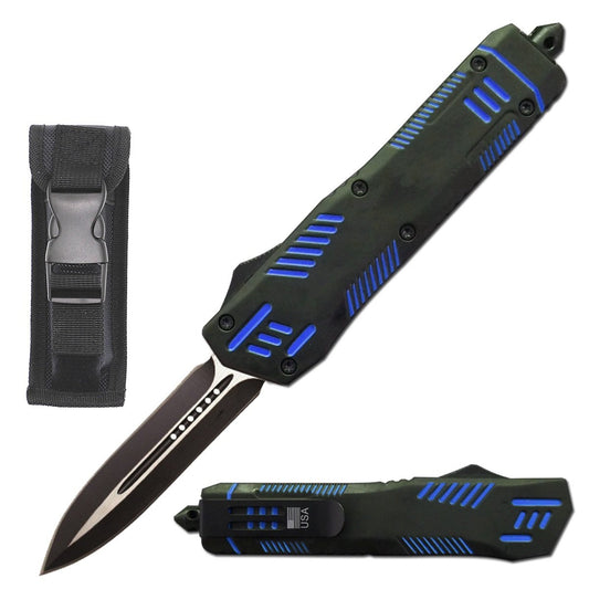 9" Automatic Dual Action Blue Pitbull OTF Dagger Blade Knife