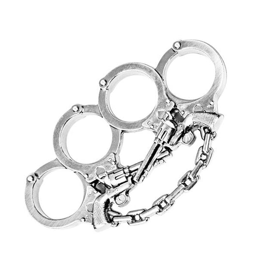 Gunslinger Silver Knuckles Crossed Pistols Handcuff Chain