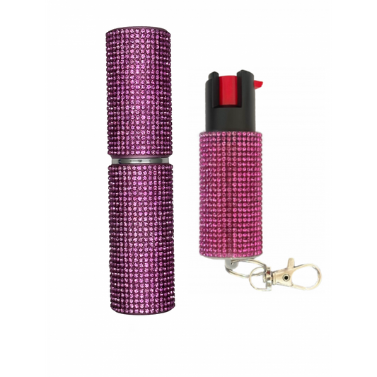 Pink Rhinestones Lipstick Stun Gun and Pepper Spray Combo for Self Defense