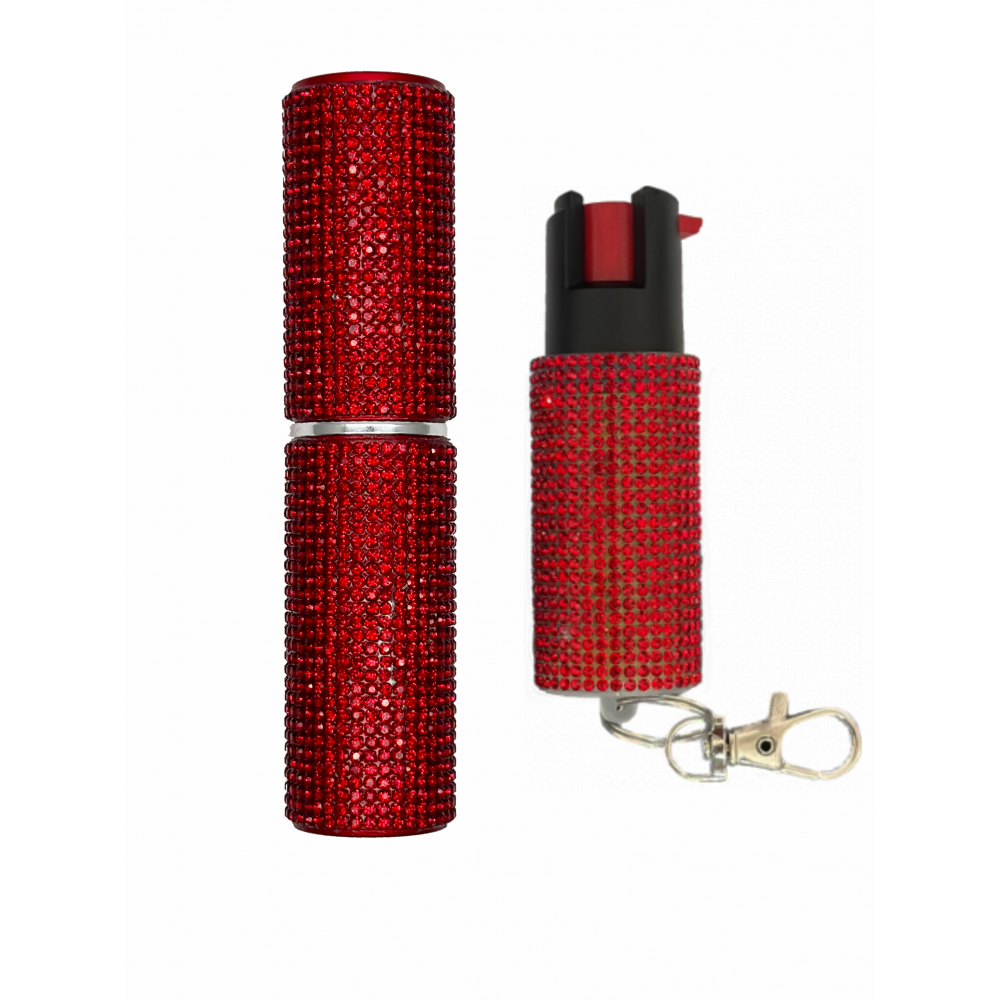 Red Rhinestones Lipstick Stun Gun and Pepper Spray Combo for Self Defense