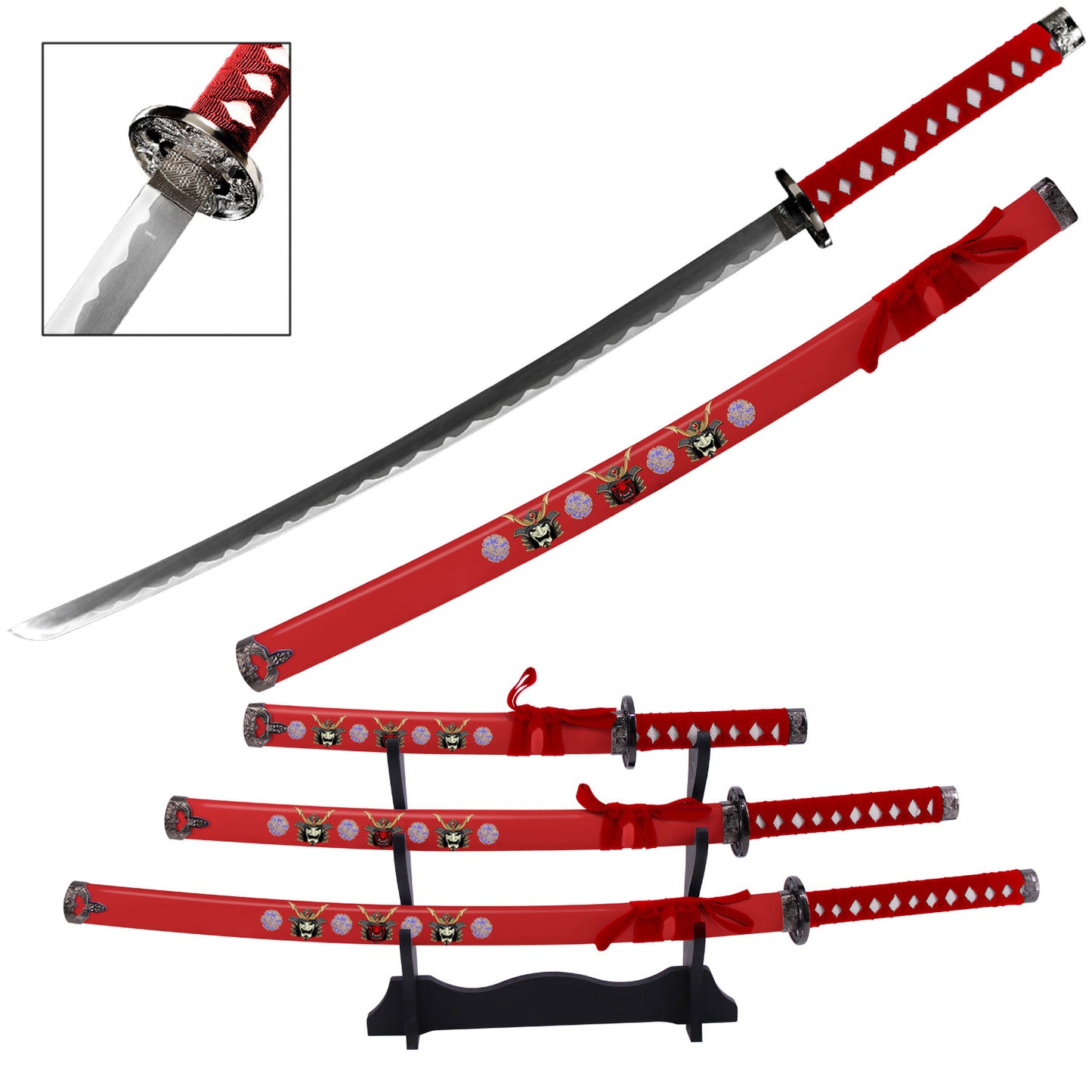 Bushido Japanese Samurai Katana Sword Set with Stand Red