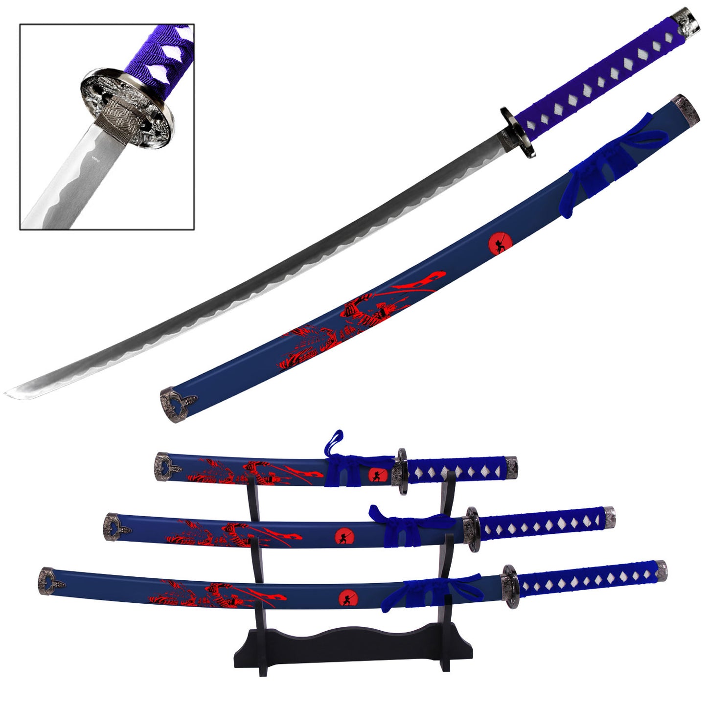 Li Naomasa Japanese Samurai Katana Sword Set with Stand Black