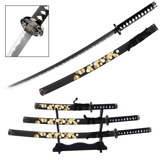 Nishijin-Ori Japanese Samurai Katana Sword Set with Stand Black