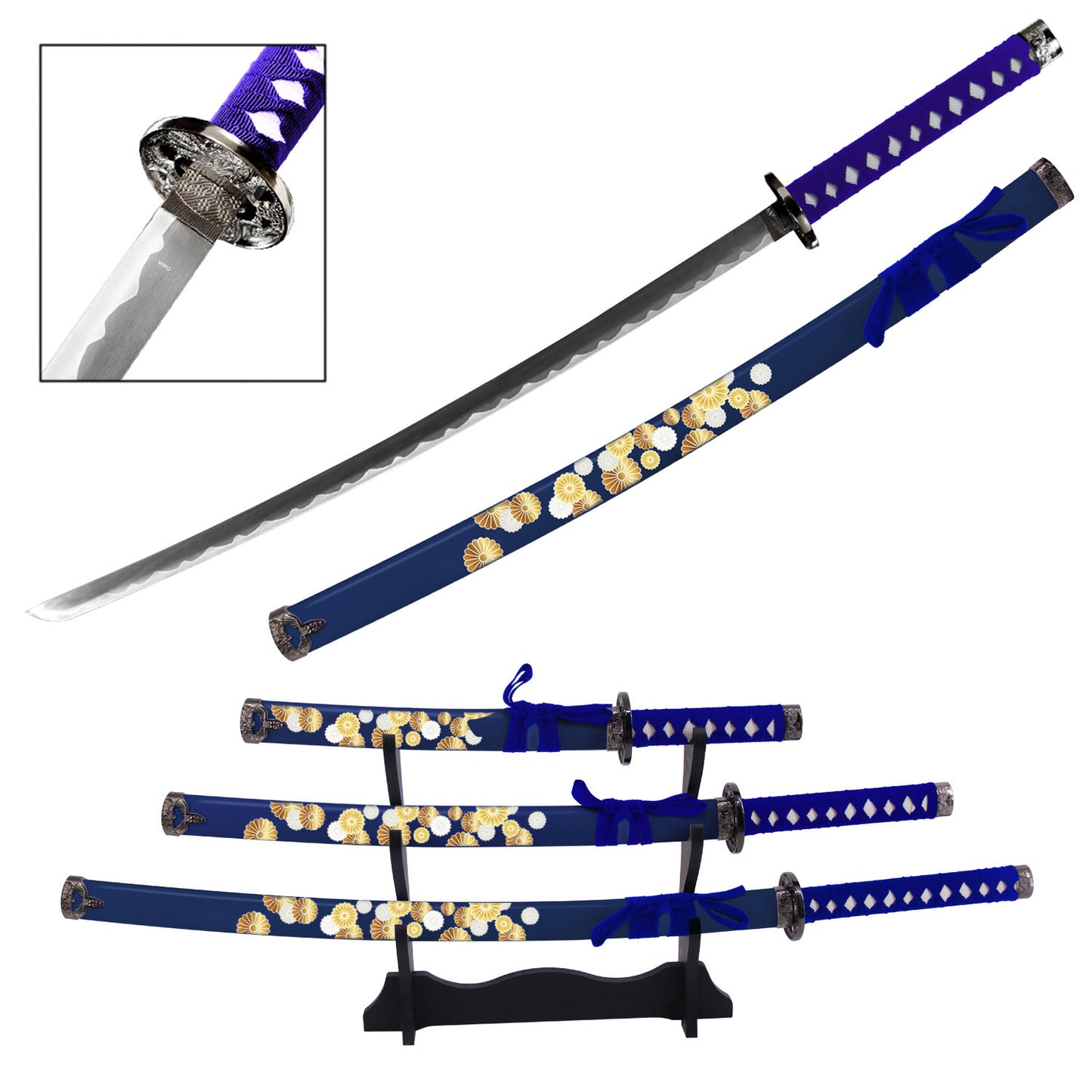 Nishijin-Ori Japanese Samurai Katana Sword Set with Stand Blue