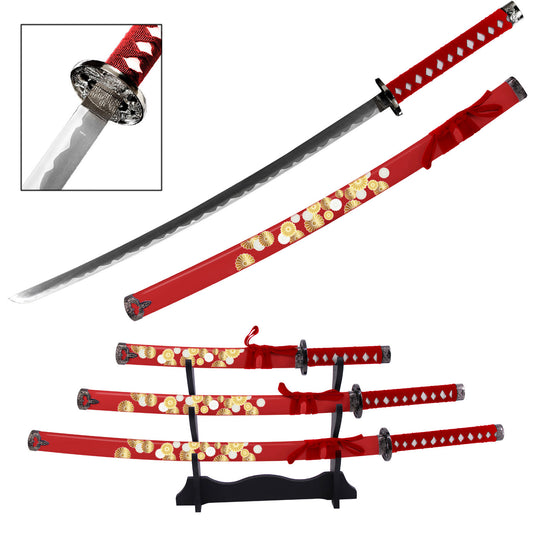 Nishijin-Ori Japanese Samurai Katana Sword Set with Stand Red