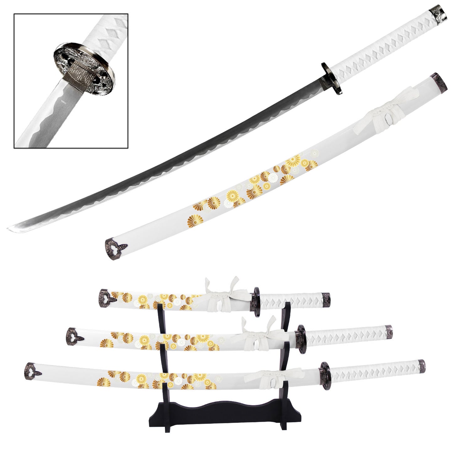 Nishijin-Ori Japanese Samurai Katana Sword Set with Stand White