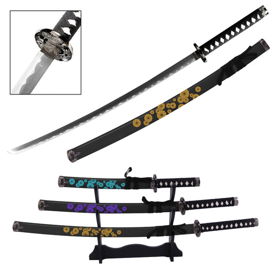 Vibrant Flower Japanese Samurai Katana Sword Set with Stand Black
