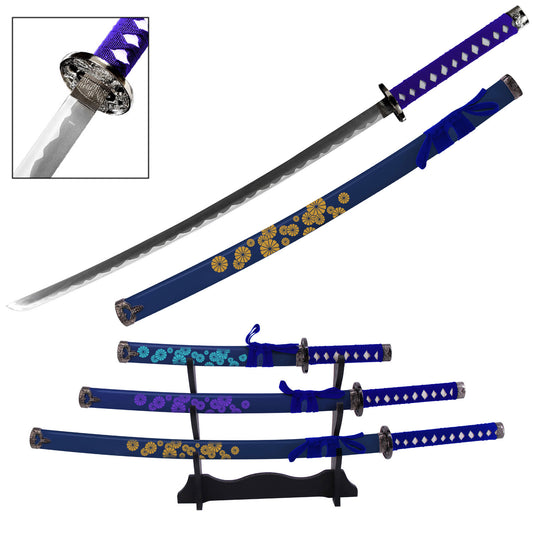 Vibrant Flower Japanese Samurai Katana Sword Set with Stand Blue