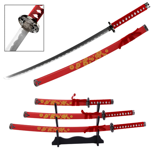 Vibrant Flower Japanese Samurai Katana Sword Set with Stand Red
