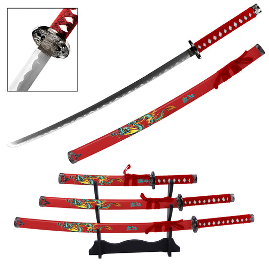 Tang Dao Dragon Samurai Katana Sword Set with Stand Red