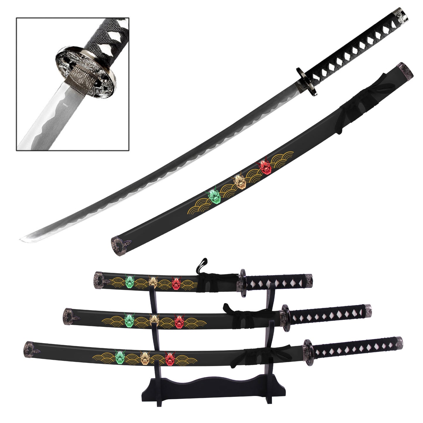 Hannya Demon Japanese Samurai Katana Sword Set with Stand Black