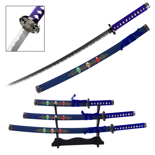 Hannya Demon Japanese Samurai Katana Sword Set with Stand Blue