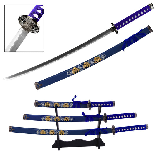 Japanese Samurai Warrior Katana Sword Set with Stand Blue