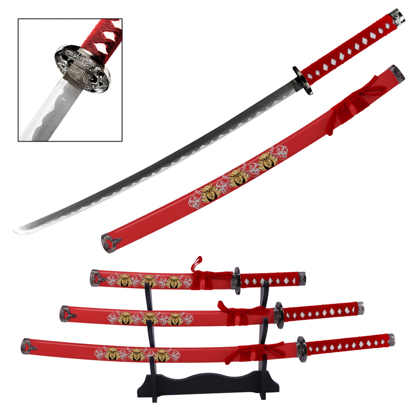Japanese Samurai Warrior Katana Sword Set with Stand Red
