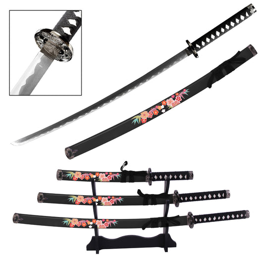 Floral Japanese Samurai Katana Sword Set with Stand Black