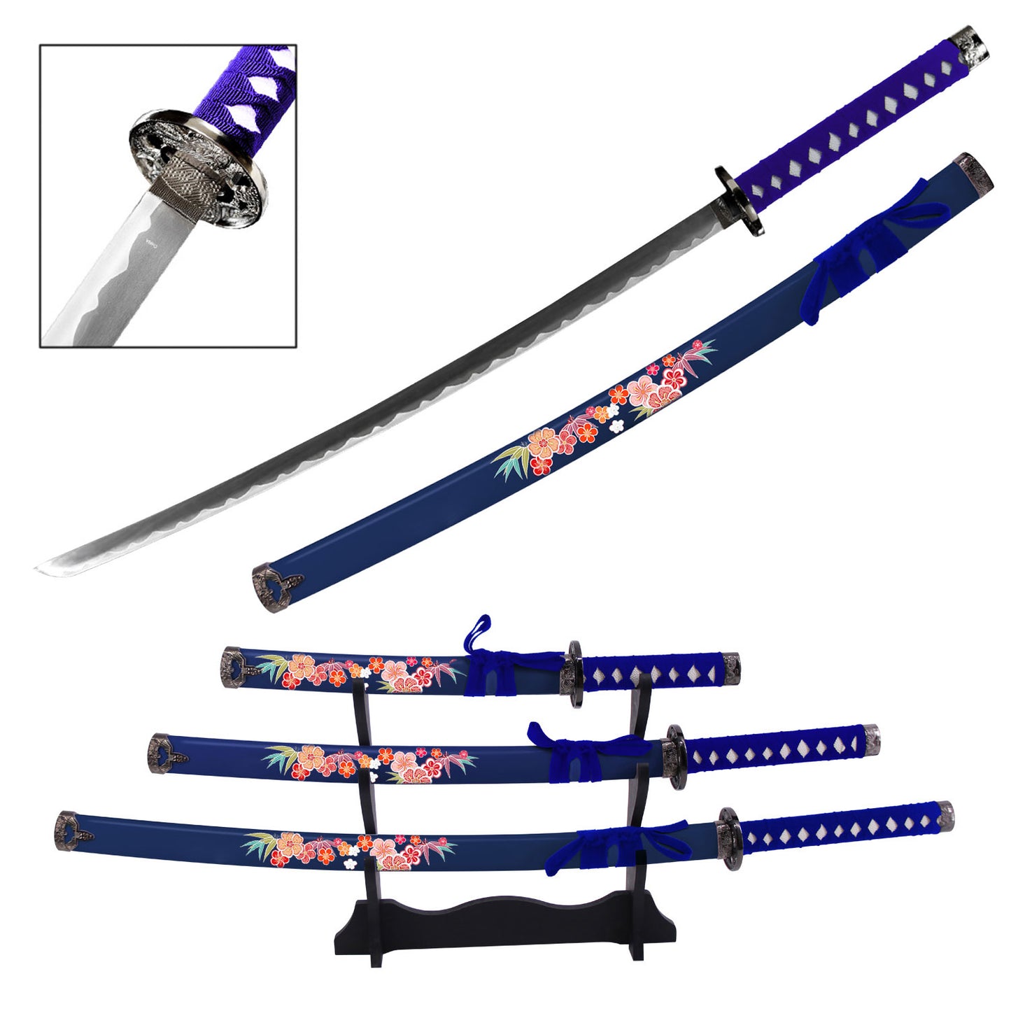 Floral Japanese Samurai Katana Sword Set with Stand Blue