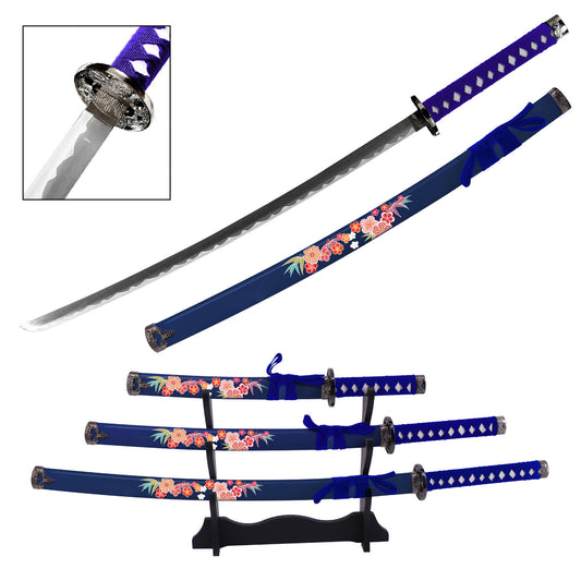 Floral Japanese Samurai Katana Sword Set with Stand Blue