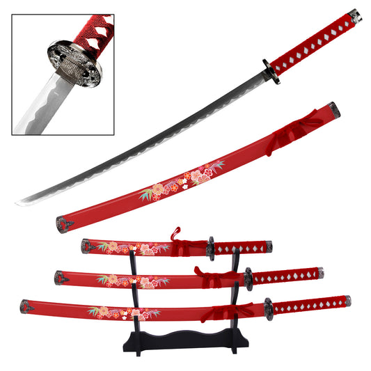 Floral Japanese Samurai Katana Sword Set with Stand Red