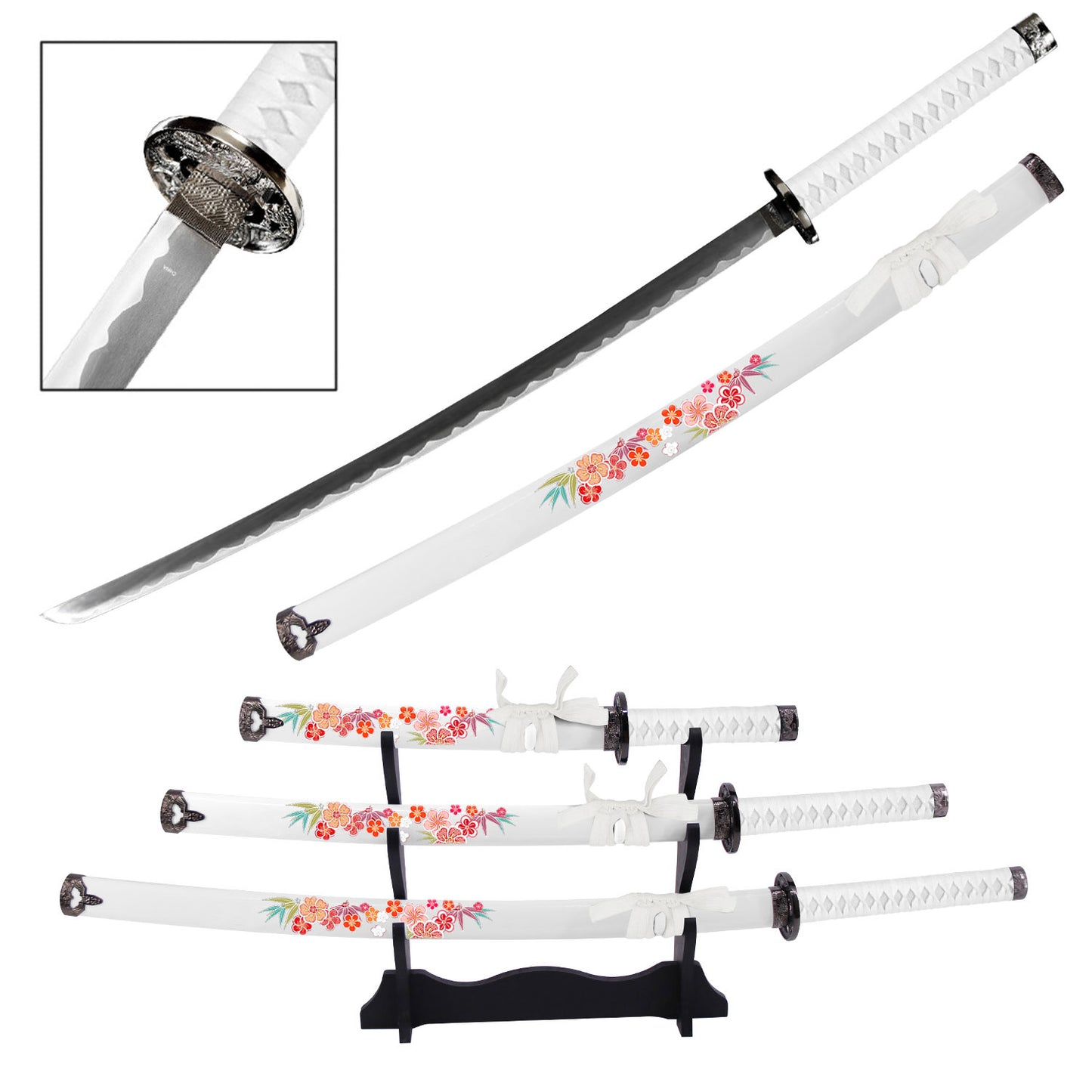 Floral Japanese Samurai Katana Sword Set with Stand White