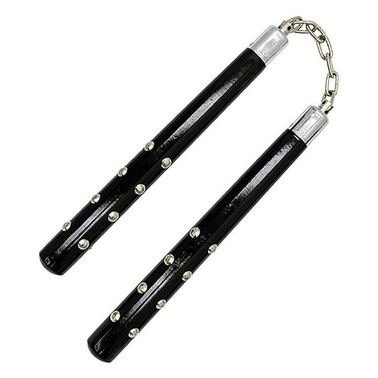 12 inch Black Wooden Round Nunchaku with Chrome Studs